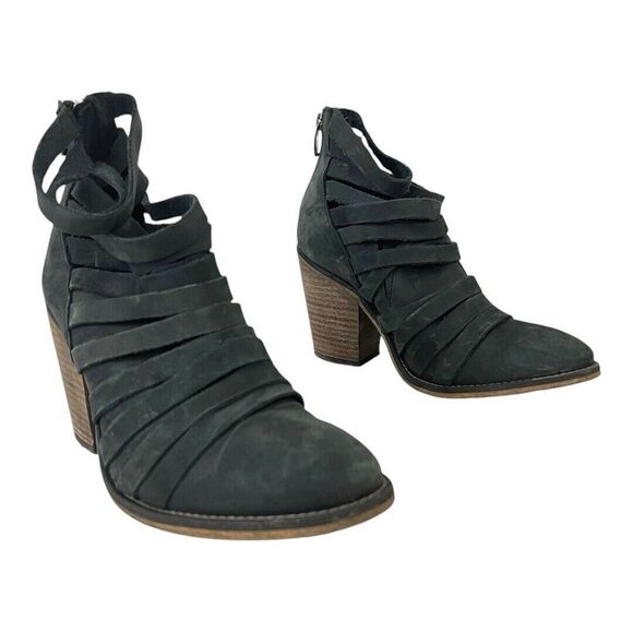 Free People Size 37 Hybrid Black Leather Strappy Ankle Boots Bootie - Picture 1 of 7